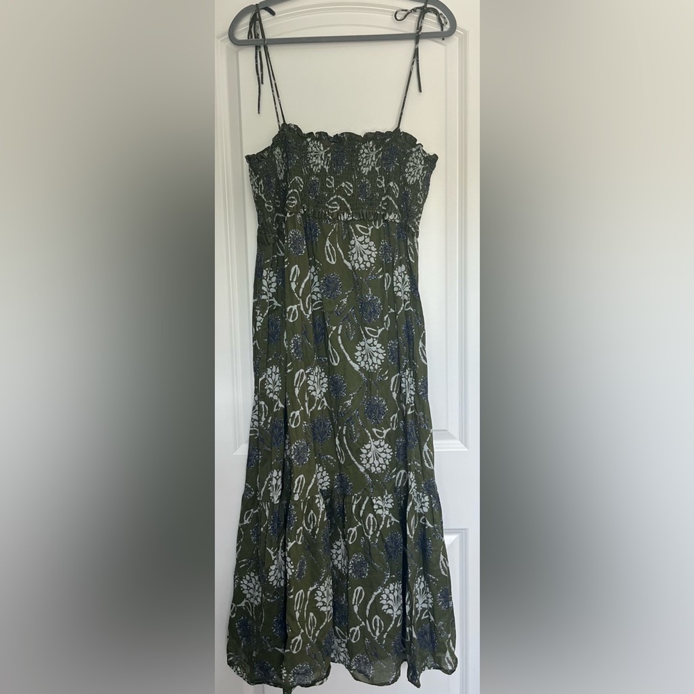 Zara Floral Green Maxi Dress Smocked Adjustable Straps Cottagecore Peasant Boho